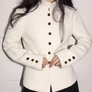 <span class=keywords><strong>Manteau</strong></span> en laine coréen élégant à col roulé boutonné, coupe courte et ajustée, taille haute, pour le printemps, idéal pour les petites tailles - Product Image 2