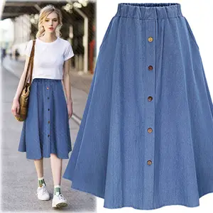 Fashion Koreaanse Preppy Stijl Denim Rokken Vrouwen Effen Kleur Lange Rok Natuur Taille Vrouwelijke Grote Zoom Casual Button Jean Rok