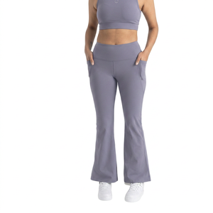 High Waist <b>Flared</b> Leg Yoga <b>Leggings</b> With Pockets Solid Color Full Length Spandex Polyester Four-Way Stretch Elastic Waist - Product Image 3