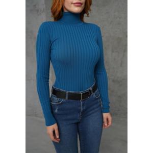 Pull en maille côtelée à col roulé pour femme Lustrin, bleu pétrole, confortable et élégant pour l'automne - Product Image 4