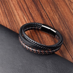 Good Quality Men <b>Bracelet</b> Bangle Stainless Steel Custom Logo Black <b>Leather</b> Braided Multi-Layer Genuine <b>Leather</b> <b>Bracelet</b> - Product Image 2