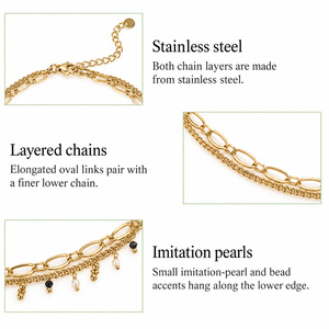 Collar de Cadena en Capas de Acero Inoxidable con Perlas de Imitación, Chapado al Vacío en Oro de 14K, Ajustable, Doble Hilo - Product Image 4