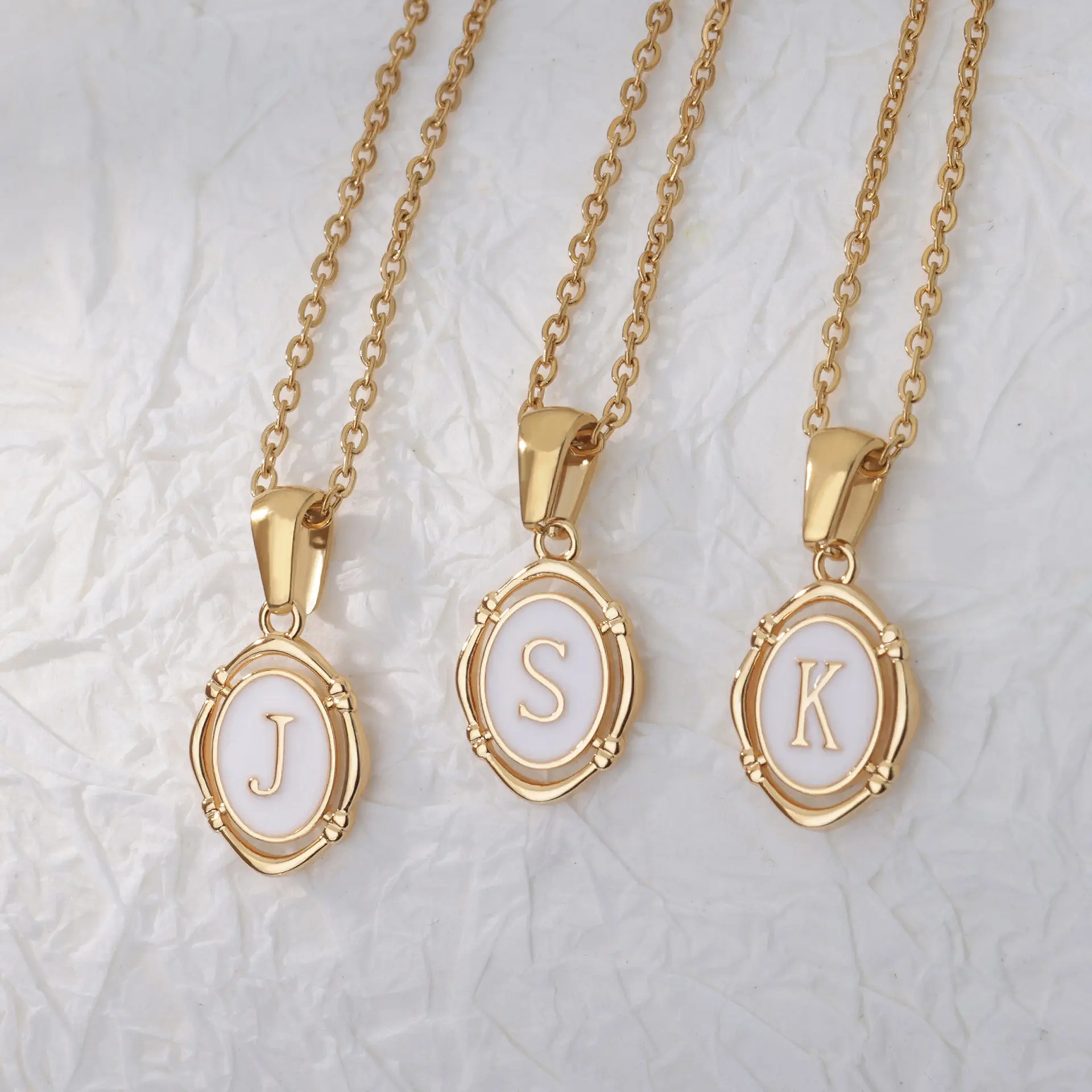 Delicate Stainless Steel DIY Chain Style Oval Vintage White Enamel A-Z 26 Letters Initial Pendant Necklaces for Women Jewelry