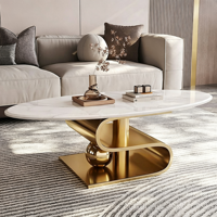 Ensemble de table basse de luxe en acier inoxydable courbé avec plateau en pierre frittée, base sphérique dorée, table personnalisée pour salon, mobilier de maison
