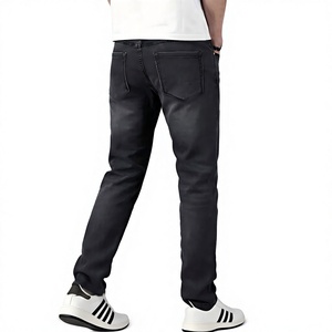Jean en denim délavé coupe droite slim pour homme, taille mi-haute, en coton, style décontracté, pantalon d'automne noir tissé - Product Image 3