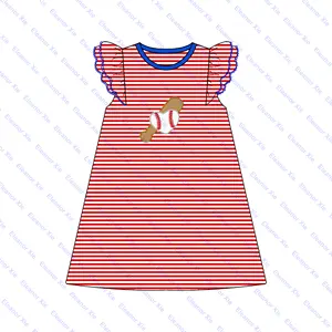 Baseball monogrammed flutter sleeve kids clothing girls dress cotton summer picot trim baby toddler girl dresses