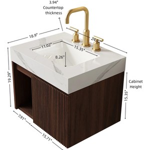 Mobile Bagno <span class=keywords><strong>EIDEN</strong></span> 24 Pollici con Lavabo, Armadietto Sospeso, Top in Pietra Sinterizzata Bianco Carrara e Lavabo in Ceramica con 3 Fori Pre-forati - Product Image 5
