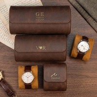Étui de voyage rond en cuir véritable pour montre, fermeture à bouton, boîte de rangement à compartiment unique, 7 pouces