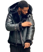 Veste en cuir PU noire à capuche pour homme avec col en fourrure surdimensionné, doublure en polaire épaisse, style américain, vêtement d'extérieur pour l'hiver