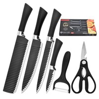 Set Pisau Baja Tahan Karat 3Cr13 Anti Lengket Bilah Bergelombang Gagang Hitam Enam Buah Alat Pemotong Dapur Model 238A