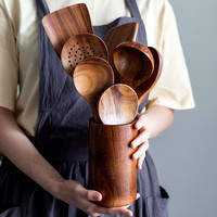 Ensemble d'outils de cuisine essentiels Ustensiles de cuisine en bois avec spatule antiadhésive Petite cuillère à riz Passoire et marmite
