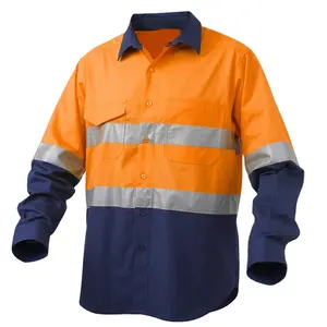 Custom Made Audit Two Color Tone Hi-Vis Reflective Safety Long Sleeve Industrial Work Shirts with Vent