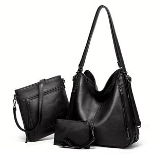Dropshipping Shopify Stone Washed Leather Hobo <b>Purses</b> for Women Soft Top Handle Shoulder Bag with Wallet 3PCS Set - Product Image 2