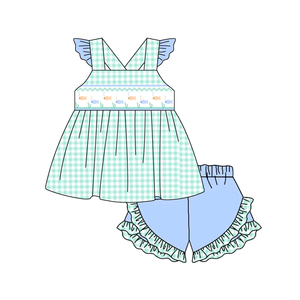 Preorder Boutique occidentale abbigliamento bambino verde Plaid pesci ragazze set stampa bambine abbigliamento per bambini set estivi - Product Image 3