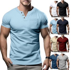 T-shirt décontracté pour homme, coupe ajustée, col en V, manches courtes, couleur unie, avec poche, en jersey de coton respirant - Product Image 1