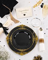 350 pièces de vaisselle en plastique noir pour 50 invités, 150 couverts dorés et argentés, 50 gobelets et serviettes, design moderne, sans BPA, pour la rentrée scolaire