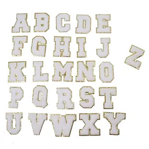 Havlu işlemeli Parches toptan altın Glitter sınır özel harfler alfabe şönil nakış yamalar ceketler için