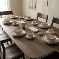 Service de table de luxe en porcelaine à bord doré, 32 pièces pour 6 personnes - Assiettes, tasses et soucoupes à rayures verticales en relief pour mariage, maison et traiteur