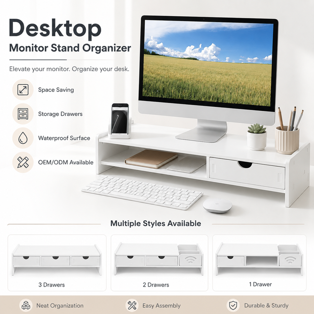 Custom Desktop Monitor Stand Organizer with Storage Drawers, Waterproof Computer Riser for Office Desk OEM ODM