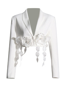 Ocstrade Blazer blanc élégant de haute qualité à un bouton pour femmes Veste de costume 3D à volants à fleurs Col en V à manches longues Veste <span class=keywords><strong>courte</strong></span> pour femmes - Product Image 6