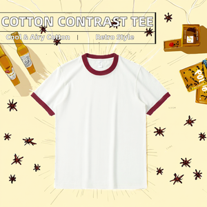 เสื้อยืดแขนสั้นผู้ชายแบรนด์แฟชั่น ผ้าคอตตอนหนา 100% น้ำหนัก 270 กรัม ลายเรียบ คอเสื้อสีตัดกัน ทรงหลวม ถักทออย่างดี ใส่ได้ทุกโอกาส - Product Image 2