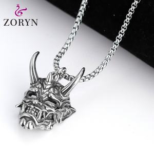 Colliers pendentifs en acier inoxydable avec masque Hannya Oni japonais, cornes de démon, style gothique punk vintage, bijoux de mode en acier titane pour hommes - Product Image 2