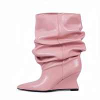 Sepatu bot selempang betis lebar wanita, sepatu bot pergelangan kaki hak Wedge motif sapi PU ujung lancip