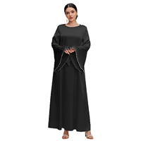 Robe longue maxi élégante en polyester uni avec ceinture à nouer à la taille, manches longues évasées et bordure de perles pour femme, style Abaya Kaftan musulman