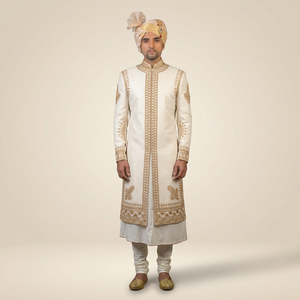 NEW--TRENDY DESIGN of GOLD ZARI EMBROIDERY on WHITE SHERWANI, KURTA WITH <b>PANT</b> Men's Suits & Blazer>Men's Suits Product name - Product Image 5