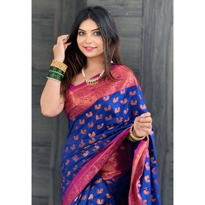 Sari en soie douce bleu marine Elite Weaves, tissage paon, tissage Zari, écharpe et châle indiens traditionnels - Product Image 6