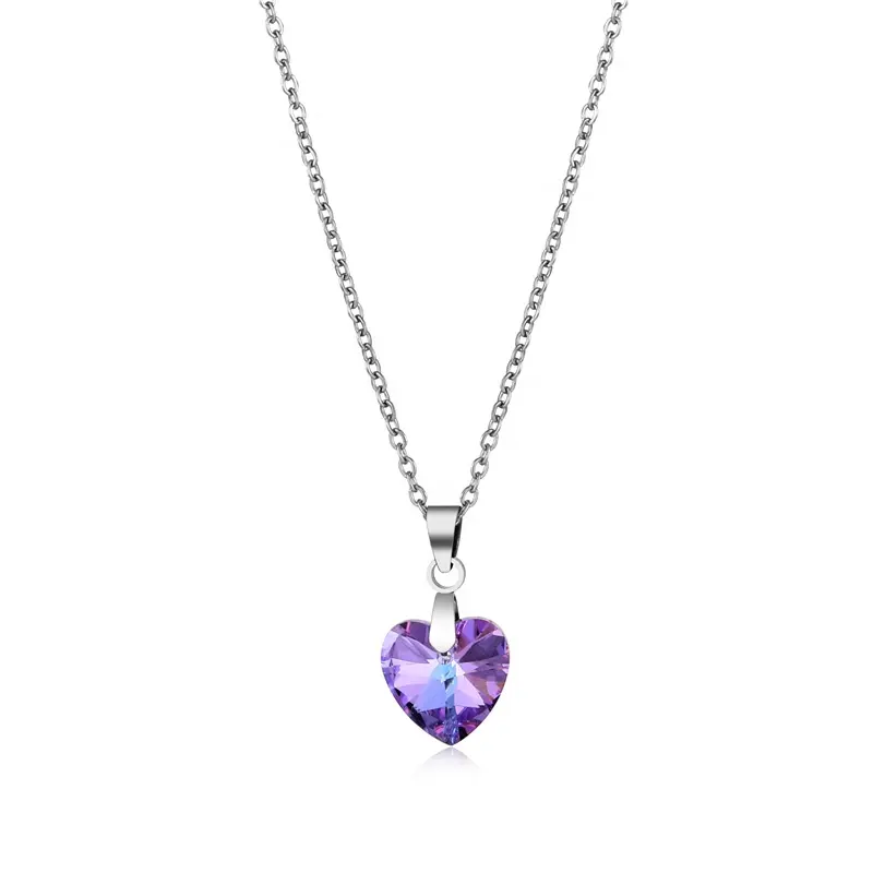 Free Shipping Jewelry Stainless Steel Heart Austrian Crystal Amethyst Heart of the Sea Necklace