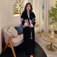 Ensemble 2 pièces Abaya Dubaï pour femme, robe musulmane en velours, kimono ouvert, ensemble hijab, cardigan modeste avec dentelle, tenue de mariage