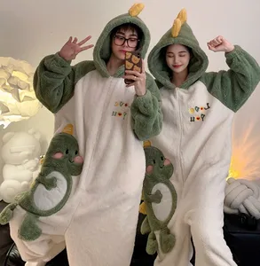 Dinosaur lovers one-piece pajama Lady Autumn Winter with velvet thickened coral velvet Winter Flannel cartoon homeweare show