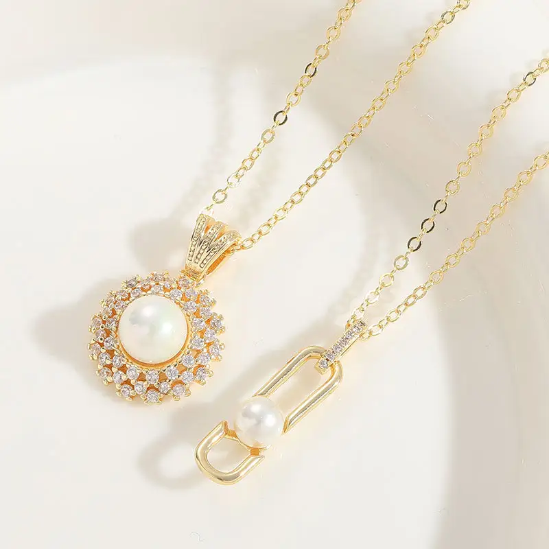 Hot selling seashell pearl zircon pendant plated 14 k real gold necklace fashion jewelry necklace mother's day items