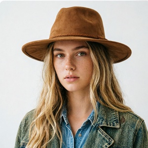 Wholesale Custom 3D Embroidery Suede Wide Brim Fedora <b>Hat</b> Unisex Vintage Boho Style Panama <b>Hat</b> with Braided Tassel <b>Band</b> - Product Image 3