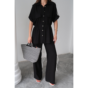 ชุดเสื้อเชิ้ตผ้าลินินและกางเกงขายาวสีดำเอวรูดเชือก ชุดผู้หญิง ไซส์ S - Product Image 5