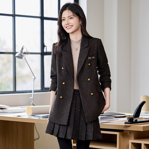 Women's Grey Suit <b>Jacket</b> Set With Pleated Skirt Solid Color Polyester Worsted No-Wrinkle Treatment Spring Autumn Casual Wear - Product Image 1