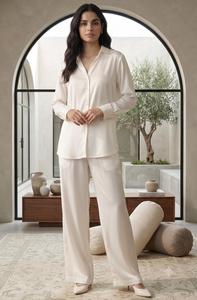 Ensemble coordonné deux pièces en satin uni pour femme, haut et pantalon, tenue décontractée confortable et respirante, écologique, pour toutes les saisons - Product Image 2