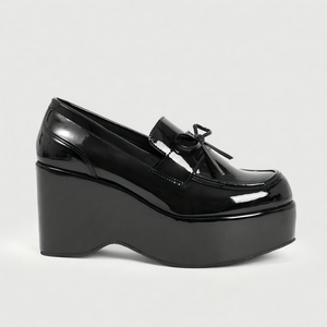Mocasines de Plataforma con Tacón de Cuña de 9 cm para Mujer, en Charol Negro, con Volantes y Lazo, Estilo Gótico, Zapatos Chunky Harajuku Creepers para Damas - Product Image 3