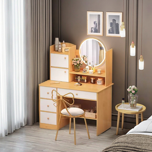 Table de maquillage moderne et brillante pour chambre à coucher et salon, avec miroir à LED, panneau MDF, chaise à dossier, grande capacité de rangement, <span class=keywords><strong>tiroirs</strong></span> - Product Image 1
