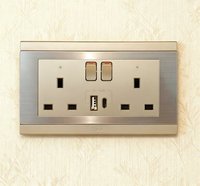 MGA Prises de sécurité Twin UK Socket avec interrupteur et indicateur & USB Type a & C PD 18W 304 Grade Acier inoxydable Argent Cuivre