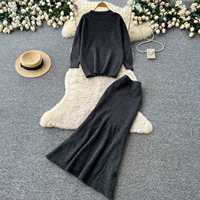 Ensemble deux pièces pour femmes, pull en tricot décontracté à col en V et manches longues, jupe longue en tricot, automne-hiver