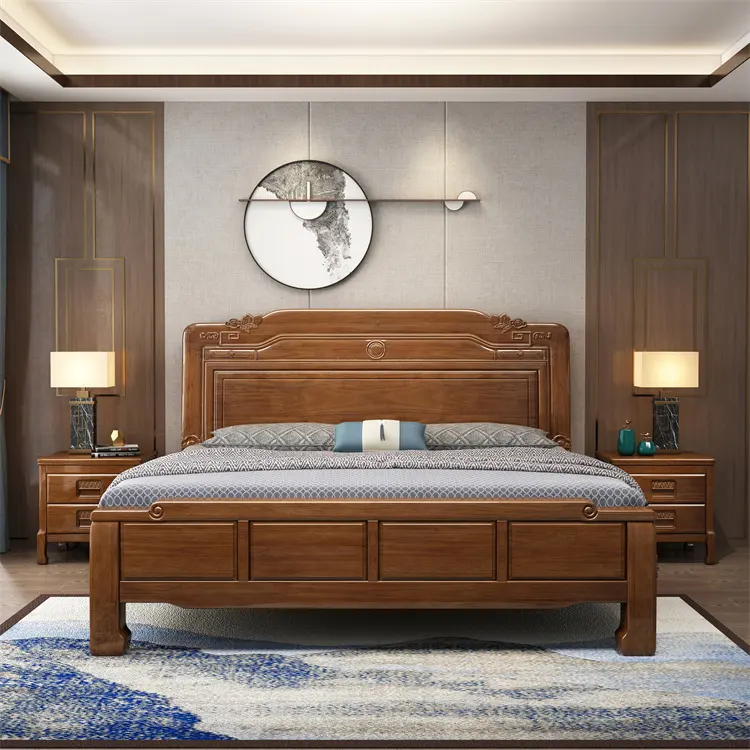 Vente en gros de lits en bois Lit double simple mobilier de chambre à coucher Lit chinois en bois de luxe léger