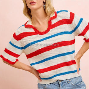 Camiseta de punto de manga corta a <span class=keywords><strong>rayas</strong></span> del 4 de julio para <span class=keywords><strong>mujer</strong></span>, roja, blanca <span class=keywords><strong>y</strong></span> <span class=keywords><strong>azul</strong></span>, patriótica, con cuello en V, estilo <span class=keywords><strong>polo</strong></span>, holgada, informal, para verano - Product Image 4