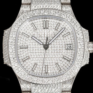 Montre-bracelet mécanique pour homme avec boîtier entièrement serti de diamants Moissanite, base métallique haut de gamme, sertissage dense de diamants, affichage de la date, style Hip Hop - Product Image 2