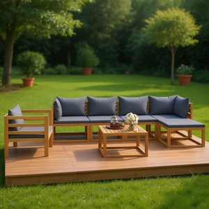 Ensemble de salon de jardin en bois d'acacia massif avec coussins, 7 pièces, mobilier d'extérieur au design contemporain - Product Image 2