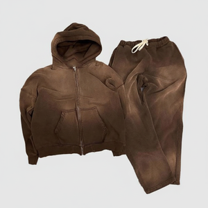 OEM 2024 sweat à capuche deux pièces personnalisé délavé formation hommes ensembles lavage à l'acide sweats à capuche personnalisés bouffée impression zip up sweat à capuche survêtement pour hommes - Product Image 1