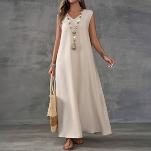 <span class=keywords><strong>Robe</strong></span> d'été élégante sans manches à col en V pour femmes avec fente latérale à paillettes tissu en mousseline de soie chic taille naturelle lavable - Product Image 4