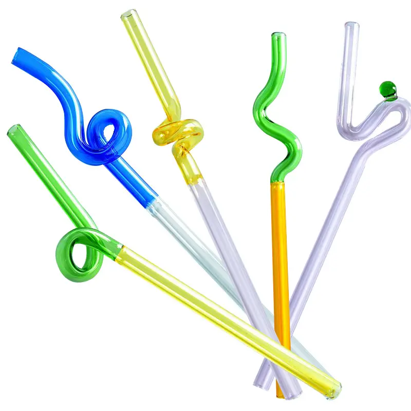 factory direct sell special shaped curved straws colored reusable glass straws