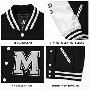 Chaqueta de Béisbol Varsity Personalizada para Hombre, Cuerpo de Lana Negra, Mangas de Cuero Blanco, Botones a Presión, Nombre del Equipo OEM - Product Image 3